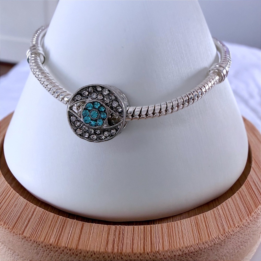 Silver Evil Eye Bead Charm Fits Snake Chain Bracelet Crystal Turquoise Blue - Picture 6 of 7
